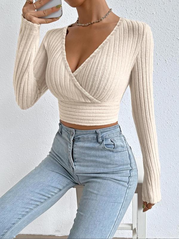 Women's Plain Textured Wrapped V Neck Crop Tee, Casual Long Sleeve Ribbed T-Shirt for Fall & Winter, Women's Clothing for Daily Wear
