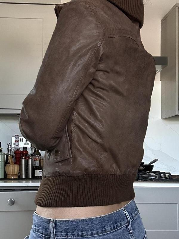 Women's Solid Zipper Faux Leather Jacket, Casual Long Sleeve Collared Outerwear for Fall & Winter, Ladies Clothes for Daily Wear