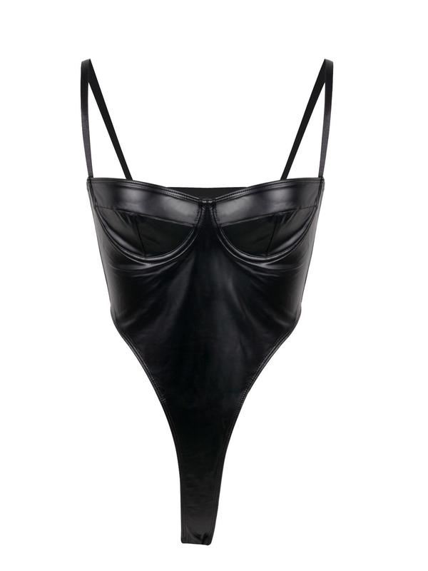 Women's Basic Solid Pu Leather Bodysuit, Summer Clothes Women, Spaghetti Strap Bodysuit for Summer, Clothes for Party Club Dating, Comfort One Piece Bodysuit