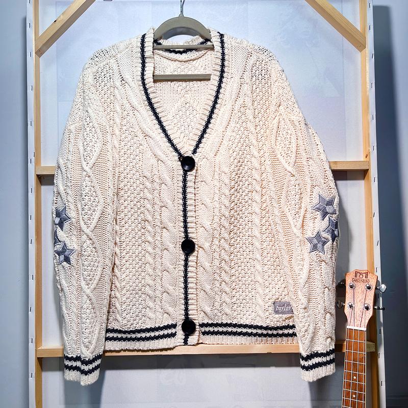 Women Silver Stars Embroidered Cream Cardigan, Knitted Folklore Holiday Sweater, Gift for Christmas Birthday Party Thamksgiving Knitwear Womenswear