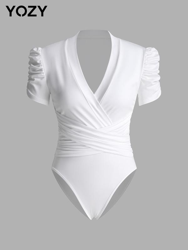 YOZY [4 Colors, Size 4-14] Plain Wrap V Neck Puff Sleeve Ruched Bodysuit  Elegant Criss Cross Bodysuit, Basic Minimalist Womenswear, 2024 Women's Summer Outfits for Daily Wear, [S-XXL]