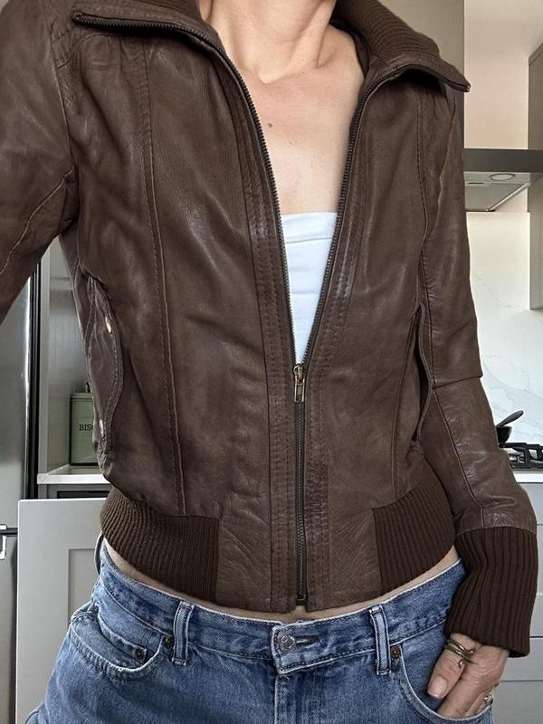 Women's Solid Zipper Faux Leather Jacket, Casual Long Sleeve Collared Outerwear for Fall & Winter, Ladies Clothes for Daily Wear