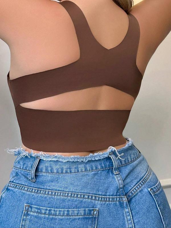  Solid Cut Out Wireless Bra, Casual Comfortable Breathable U Neck Bra for Daily Wear, Women's Lingerie for All Seasons