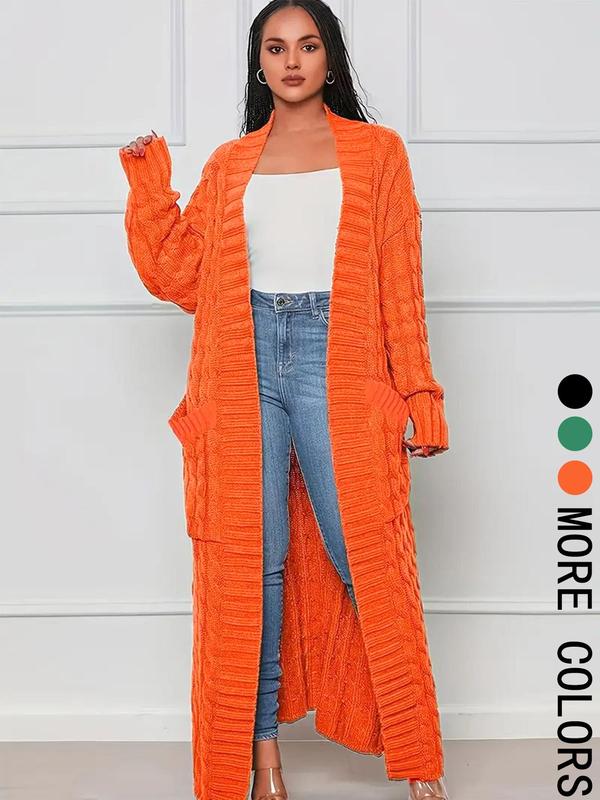 Women's Solid Textured Drop Shoulder Long Sleeve Sweater Cardigan, Casual Long Open Front Knitwear for Fall & Winter, Fashion Women's Knit Clothing for Daily Wear