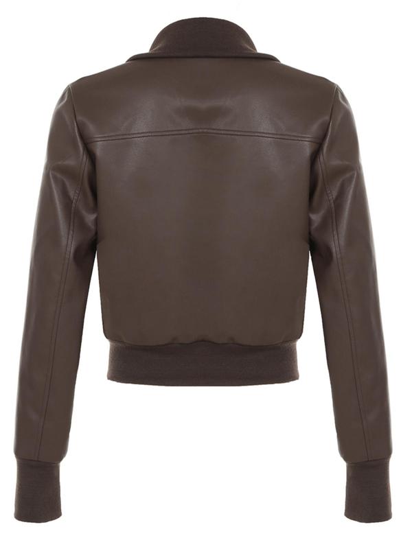 Women's Solid Zipper Faux Leather Jacket, Casual Long Sleeve Collared Outerwear for Fall & Winter, Ladies Clothes for Daily Wear