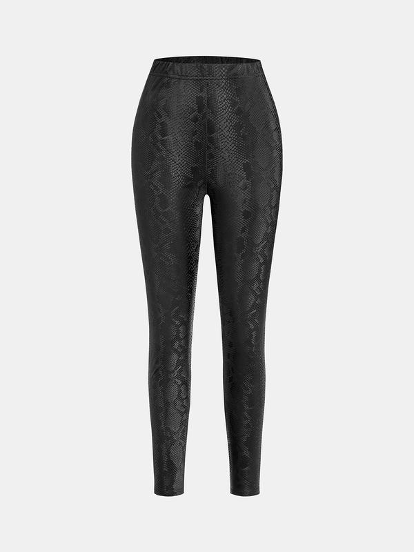 YOZY Women's Snakeskin Print PU Leather Skinny Pants, Fashion Casual High Waist Trousers for Daily Outdoor Wear, Women Bottoms for All Seasons