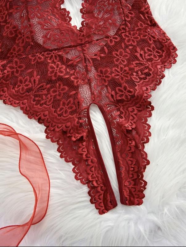Women's Floral Lace Scallop Trim Cut Out Sheer Crotchless Sexy Lingerie Wear, Bow Front Rhinestone Heart Decor Sleeveless Bodysuit, Ladies Clothes, Women Sexy Lingerie, Bodysuit for Women Basic Womenswear Backless Costume Modest Fitted Womenswear Backless