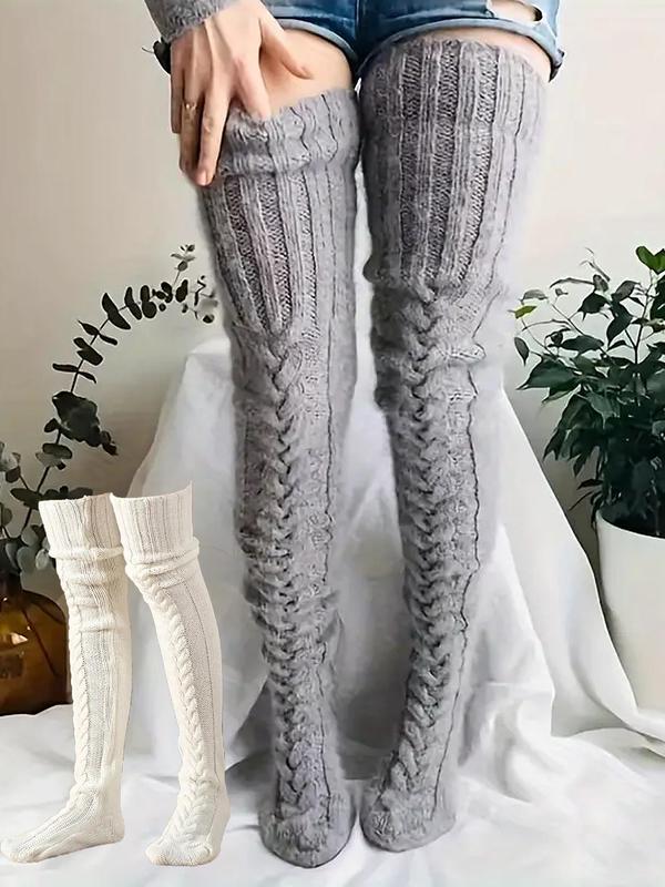 Women's Solid Textured Over The Knee Socks, Casual Warm Comfy Thigh High Socks for Fall & Winter, Women's Long Socks for Daily Wear, Fluffy Pajamas