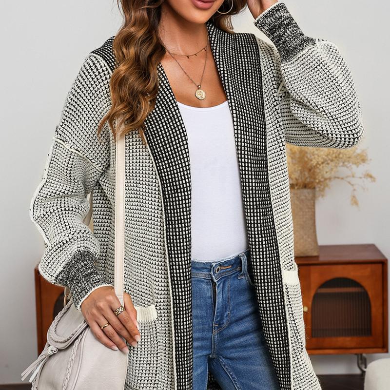 EVALESS Women's Casual Hooded Cardigan Sweaters Oversized Open Front Long Sleeve Knitwear Plaid Sweater Tops 2024 Fall Fashion Womenswear Outfits