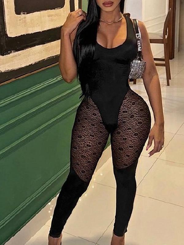 See-through Mesh Patchwork Square Neck Jumpsuit Spandex Womenswear
