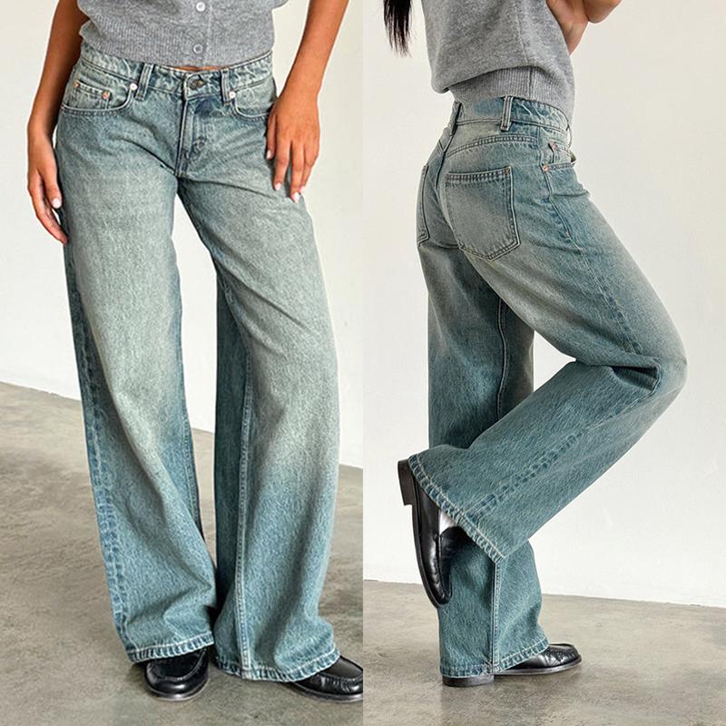 Women Jeans Low Rise Baggy Straight Wide Leg Jeans Vintage Casual Y2K Loose Boyfriend Denim Pants with Pockets