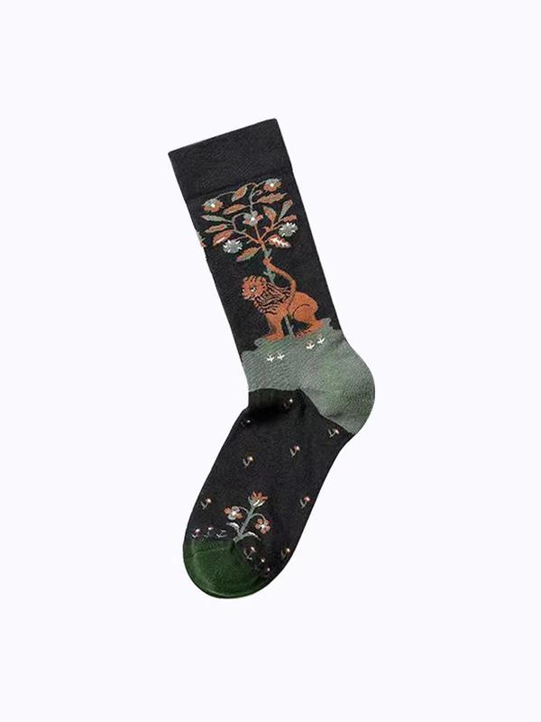 Women's 4 Pairs Animal & Floral Print Crew Socks, Fashion Street Comfy Socks For Daily Vacation Party, Women's Socks For All Seasons