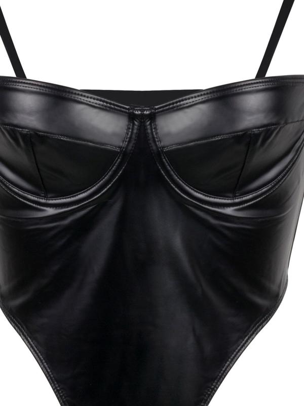 Women's Basic Solid Pu Leather Bodysuit, Summer Clothes Women, Spaghetti Strap Bodysuit for Summer, Clothes for Party Club Dating, Comfort One Piece Bodysuit