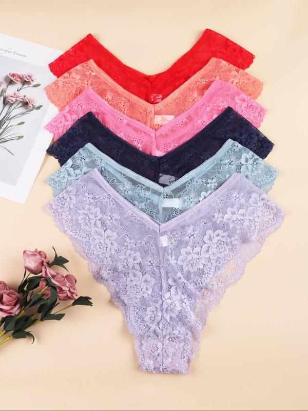 Women's Solid Color Sheer Floral Lace Sexy Knicker, Casual Comfortable Breathable V-Waist Panties Set for Daily Wear, Ladies Underwear for All Seasons