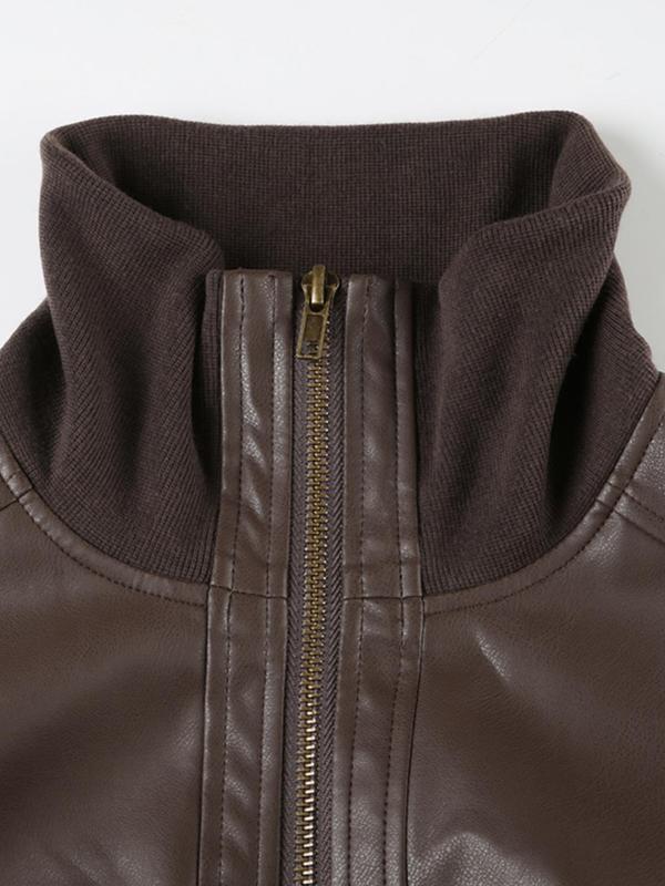 Women's Solid Zipper Faux Leather Jacket, Casual Long Sleeve Collared Outerwear for Fall & Winter, Ladies Clothes for Daily Wear