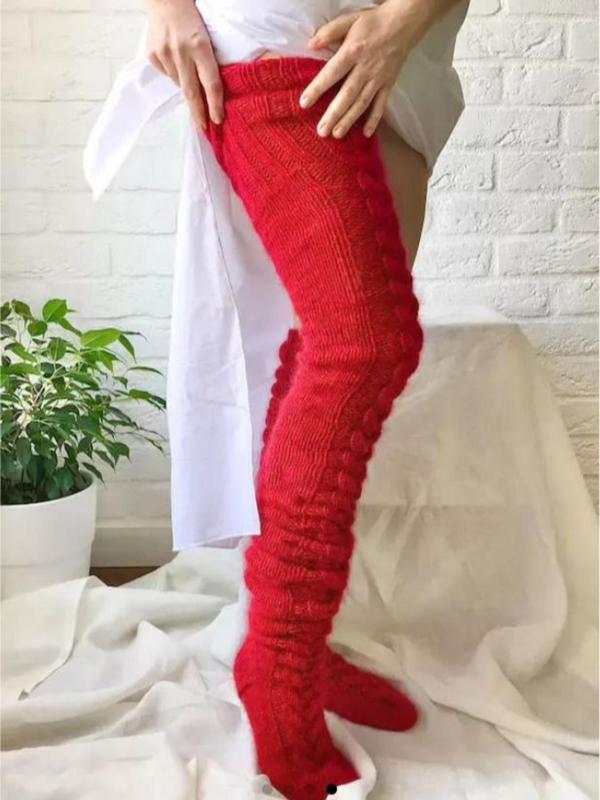 Women's Solid Textured Over The Knee Socks, Casual Warm Comfy Thigh High Socks for Fall & Winter, Women's Long Socks for Daily Wear, Fluffy Pajamas