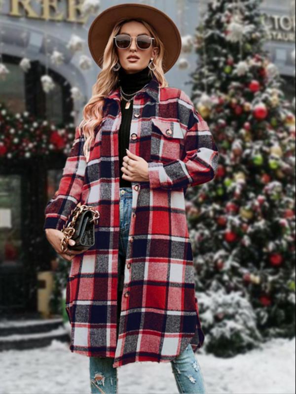 Coolcool exclusive Women's Plaid Print Button Front Split Side 3 4 Sleeve Warm Coat for Spring, Lady Casual Comfort Loose Drop Shoulder Collared Outerwear, Womenswear, Women's Fall Clothes, Winter Cloths Women, Fall Outfits, Downtown Girl Clothes