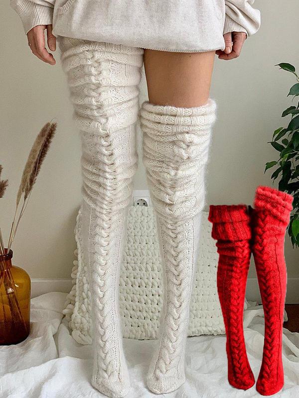 Women's Solid Textured Over The Knee Socks, Casual Warm Comfy Thigh High Socks for Fall & Winter, Women's Long Socks for Daily Wear, Fluffy Pajamas