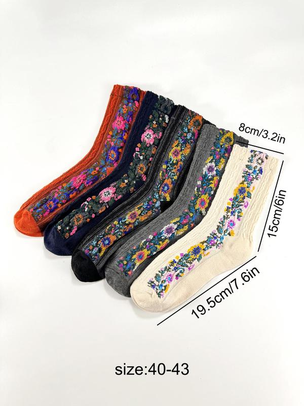 Women's Floral Print Textured Crew Socks, Vintage Casual Comfy Mid-calf Socks for Fall & Winter, Women's Socks for Daily Wear