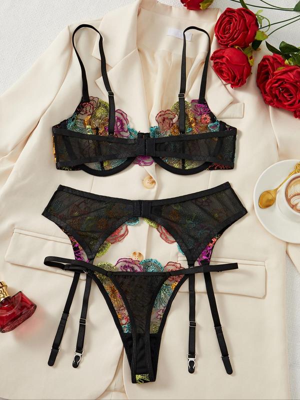 Women's Floral Embroidery Bra & Panty & Garter Belt Three-piece Set, Adjustable Strap Push Up Bra & Panty & Garter Belt Set, Lingerie Set for Women
