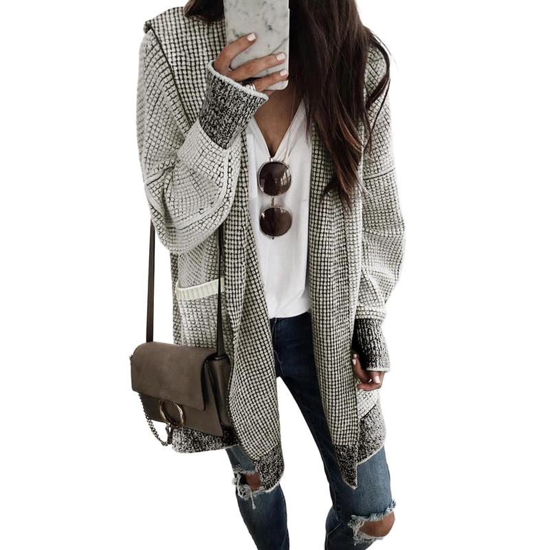 EVALESS Women's Casual Hooded Cardigan Sweaters Oversized Open Front Long Sleeve Knitwear Plaid Sweater Tops 2024 Fall Fashion Womenswear Outfits