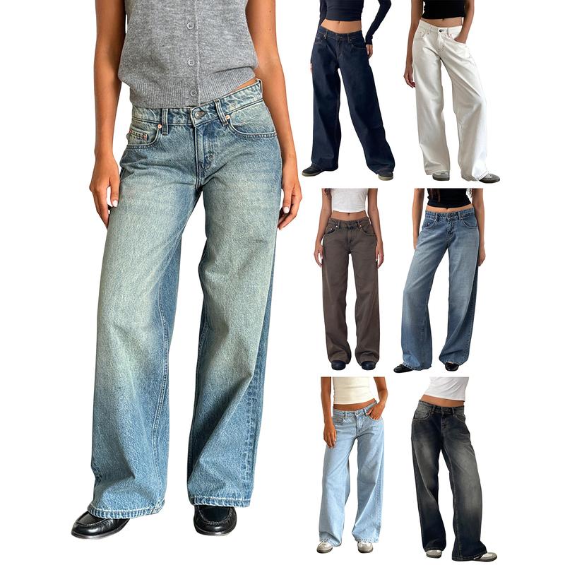 Women Jeans Low Rise Baggy Straight Wide Leg Jeans Vintage Casual Y2K Loose Boyfriend Denim Pants with Pockets