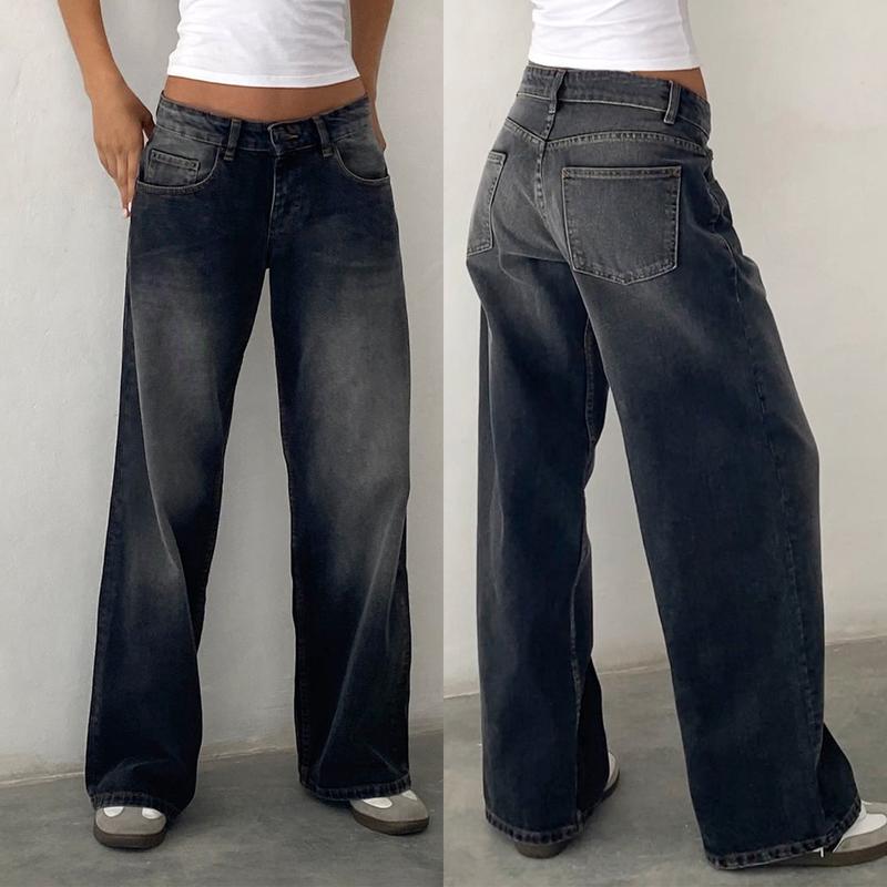 Women Jeans Low Rise Baggy Straight Wide Leg Jeans Vintage Casual Y2K Loose Boyfriend Denim Pants with Pockets