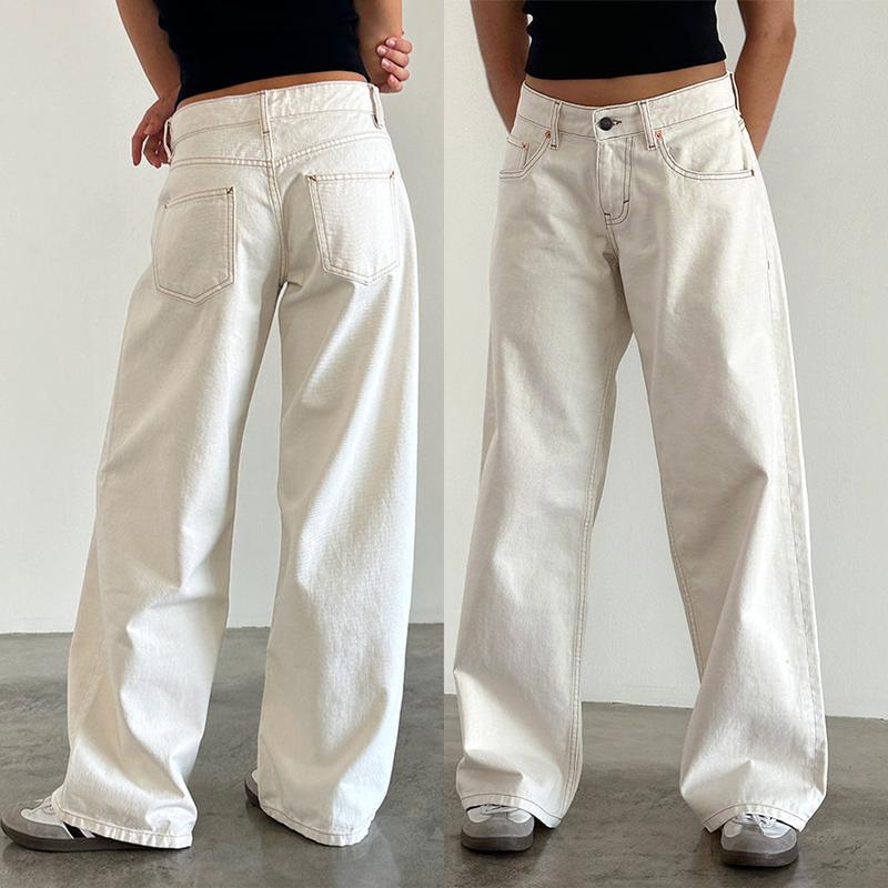 Women Jeans Low Rise Baggy Straight Wide Leg Jeans Vintage Casual Y2K Loose Boyfriend Denim Pants with Pockets