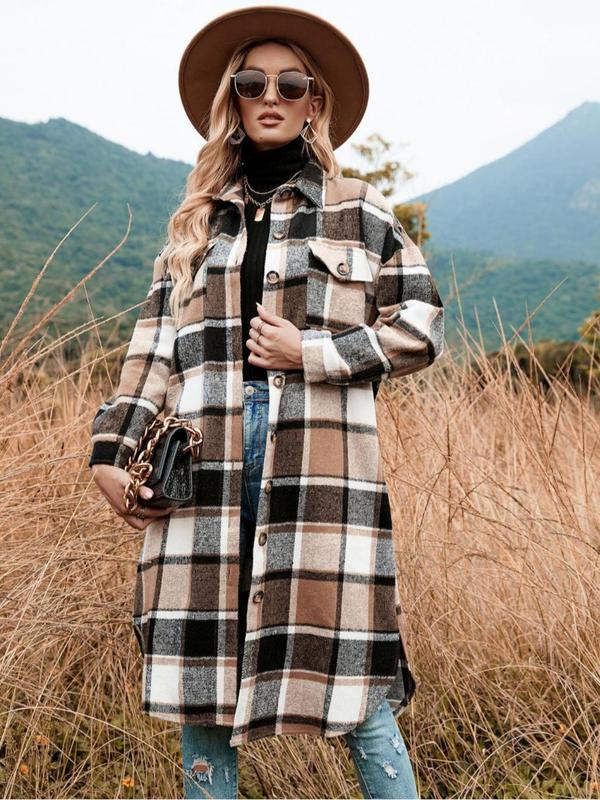 Coolcool exclusive Women's Plaid Print Button Front Split Side 3 4 Sleeve Warm Coat for Spring, Lady Casual Comfort Loose Drop Shoulder Collared Outerwear, Womenswear, Women's Fall Clothes, Winter Cloths Women, Fall Outfits, Downtown Girl Clothes