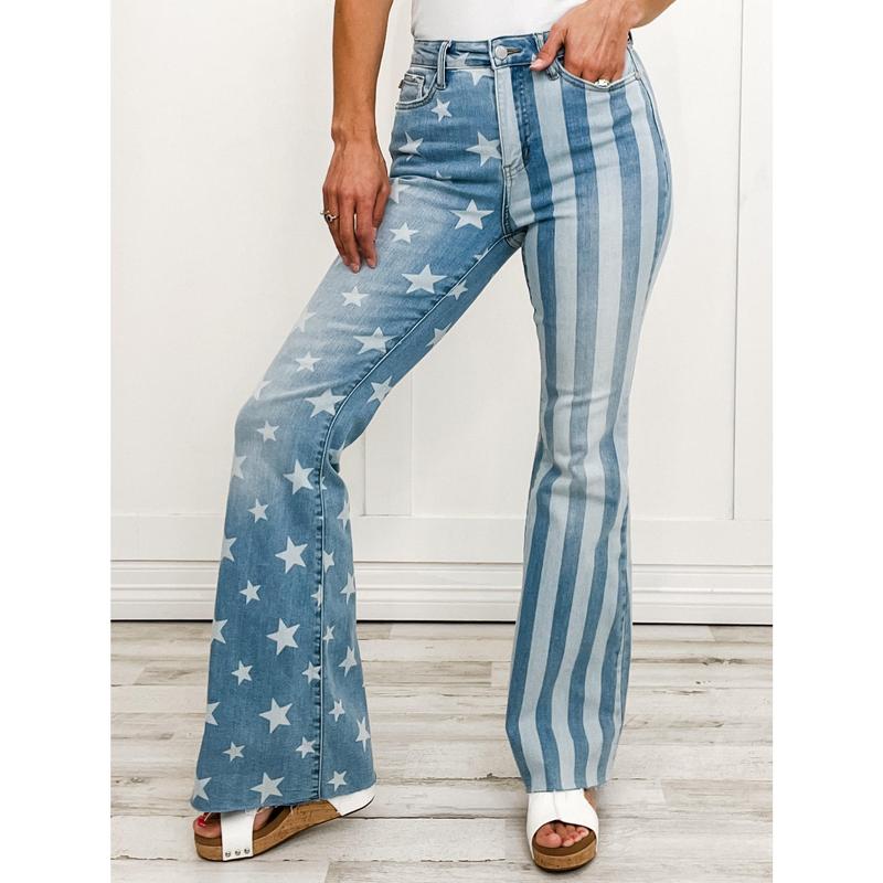 Judy Blue Hi-Rise Stars and Stripes Bleach Discharge Flare Denim Jeans