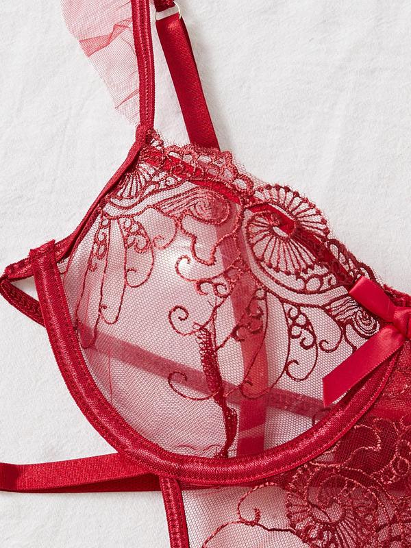 Women's Embroidery Sheer Mesh Cut Out Sexy Lingerie Bodysuit, Adjustable Strap Bow Decor Push Up Thong Bodysuit, Women's One-Piece Lingerie for All Seasons