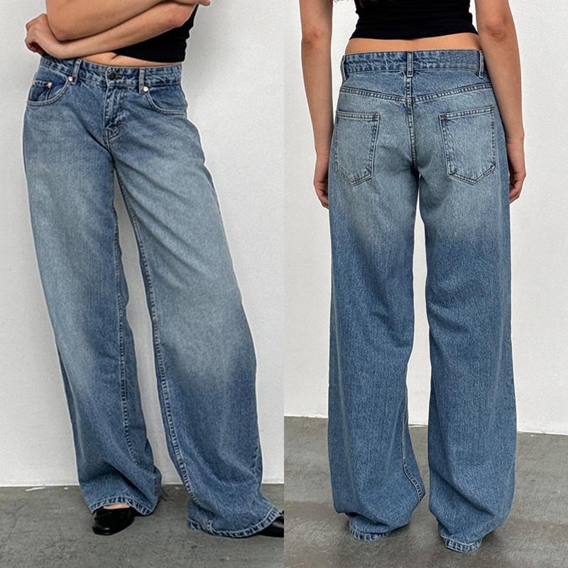 Women Jeans Low Rise Baggy Straight Wide Leg Jeans Vintage Casual Y2K Loose Boyfriend Denim Pants with Pockets