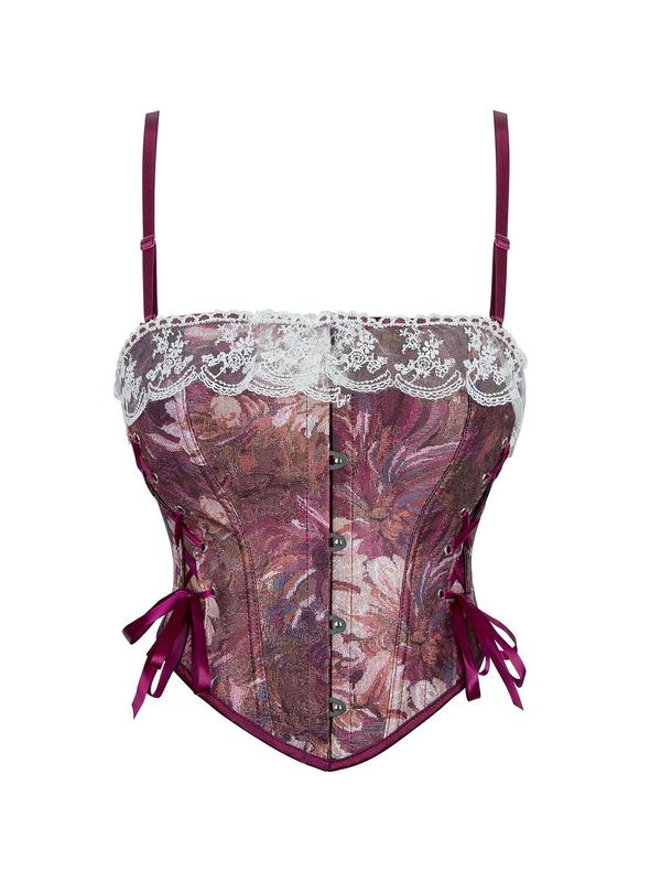 Women's Floral Print Hook & Eye Lace Up Shapwear Top, Romantic Contrast Lace Tie Back Shaper, Fashionable Shapewear Top for All Seasons