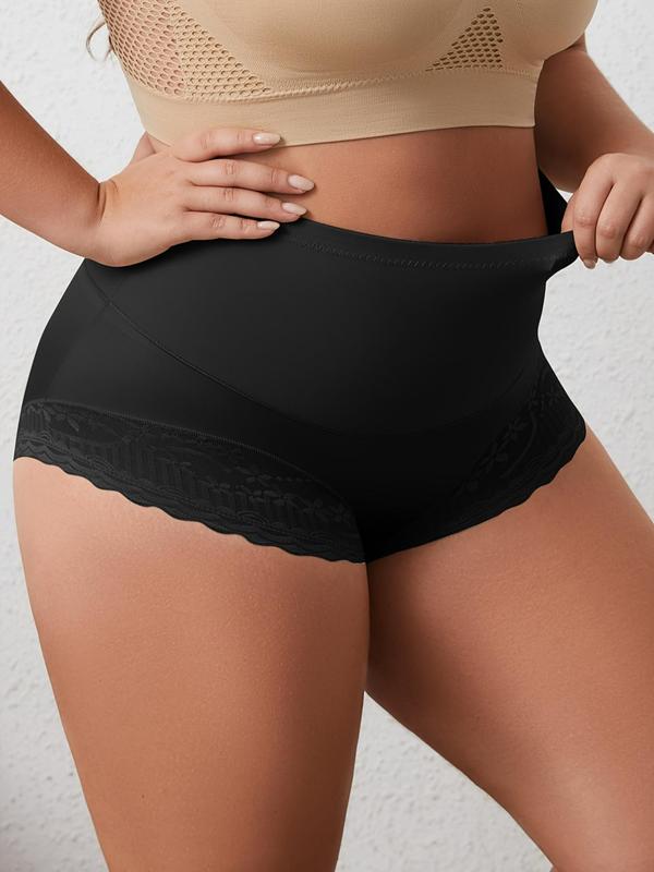 Plus Size Plain Contrast Lace High Waist Shapewear Panty, Plus Breathable Comfortable High Stretch Seamless Shaper Knicker for Women, Women's Plus Shapewear for All Seasons