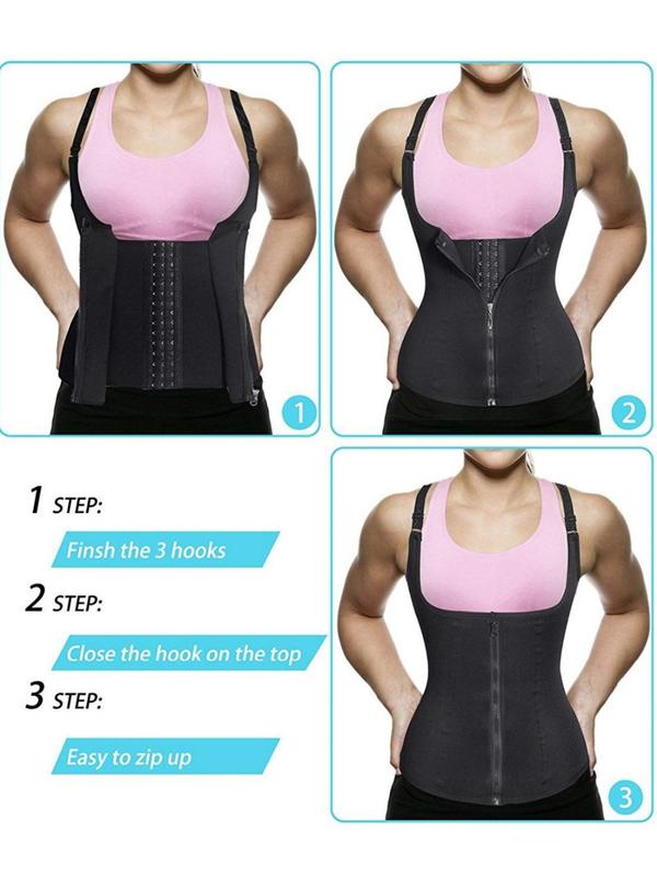 Women's Solid Zipper Hook And Eye Shapewear Top, Casual Adjustable Strap Tummy Control Shaper, Women's Shapewear for Daily Wear