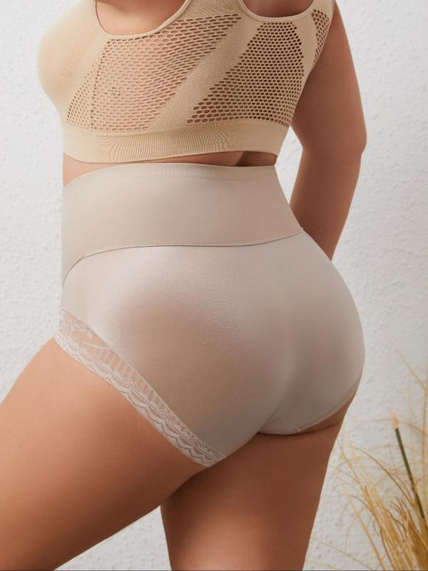 Plus Size Plain Contrast Lace High Waist Shapewear Panty, Plus Breathable Comfortable High Stretch Seamless Shaper Knicker for Women, Women's Plus Shapewear for All Seasons