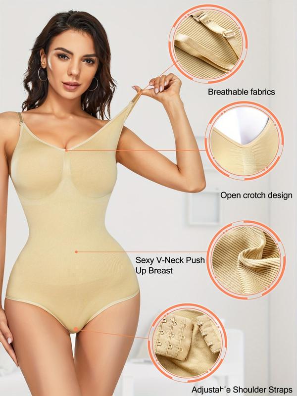 Women's Solid Open Crotch Design Shapewear Bodysuit, V Neck Adjustable Strap Tummy Control Compression Shaper, Casual Women's Shapewear for All Seasons