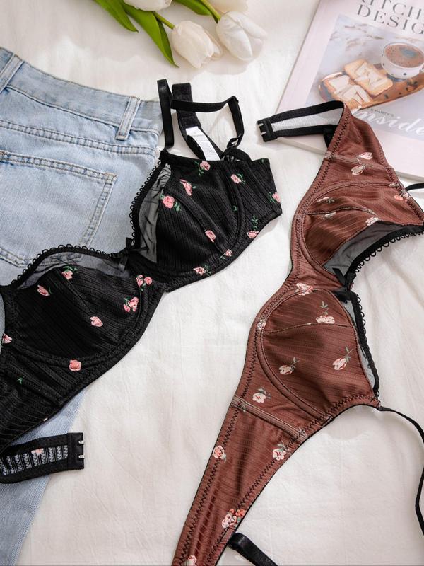 Women's 2pcs Floral Print Bow Decor Contrast Mesh Bra, Adjustable Strap Lace Trim Push Up Bras Lingerie Top for Daily Wear, Soft Comfy Breathable Underwear for All Seasons