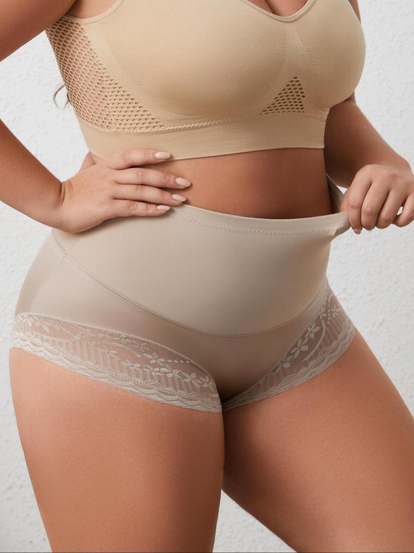 Plus Size Plain Contrast Lace High Waist Shapewear Panty, Plus Breathable Comfortable High Stretch Seamless Shaper Knicker for Women, Women's Plus Shapewear for All Seasons