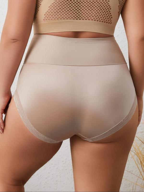 Plus Size Plain Contrast Lace High Waist Shapewear Panty, Plus Breathable Comfortable High Stretch Seamless Shaper Knicker for Women, Women's Plus Shapewear for All Seasons