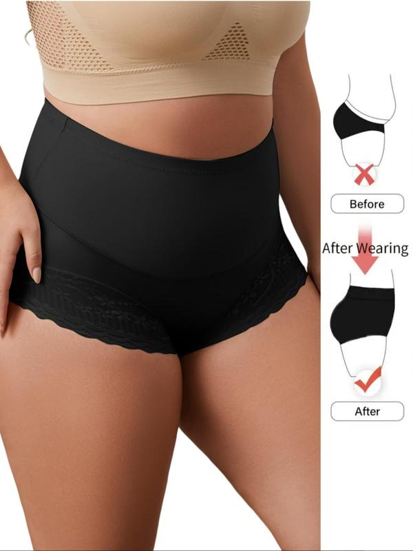 Plus Size Plain Contrast Lace High Waist Shapewear Panty, Plus Breathable Comfortable High Stretch Seamless Shaper Knicker for Women, Women's Plus Shapewear for All Seasons