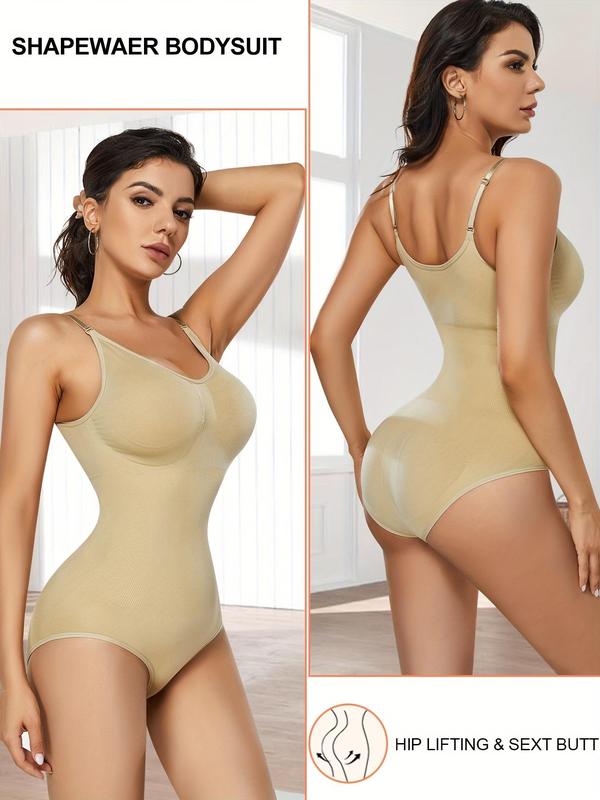 Women's Solid Open Crotch Design Shapewear Bodysuit, V Neck Adjustable Strap Tummy Control Compression Shaper, Casual Women's Shapewear for All Seasons