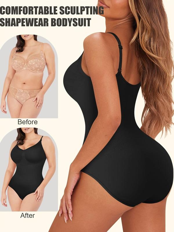 Women's Solid Open Crotch Design Shapewear Bodysuit, V Neck Adjustable Strap Tummy Control Compression Shaper, Casual Women's Shapewear for All Seasons