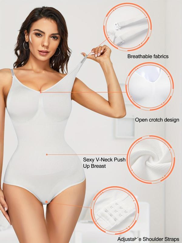 Women's Solid Open Crotch Design Shapewear Bodysuit, V Neck Adjustable Strap Tummy Control Compression Shaper, Casual Women's Shapewear for All Seasons