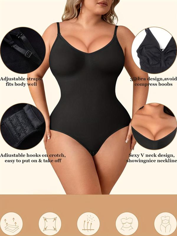 Women's Solid Open Crotch Design Shapewear Bodysuit, V Neck Adjustable Strap Tummy Control Compression Shaper, Casual Women's Shapewear for All Seasons