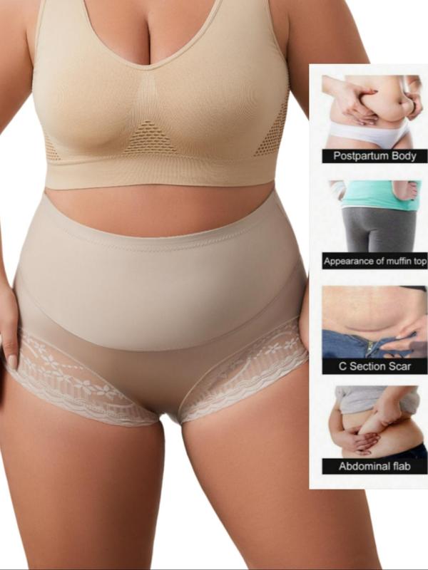 Plus Size Plain Contrast Lace High Waist Shapewear Panty, Plus Breathable Comfortable High Stretch Seamless Shaper Knicker for Women, Women's Plus Shapewear for All Seasons