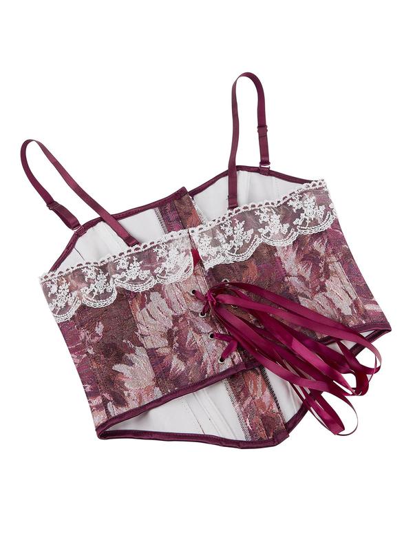 Women's Floral Print Hook & Eye Lace Up Shapwear Top, Romantic Contrast Lace Tie Back Shaper, Fashionable Shapewear Top for All Seasons