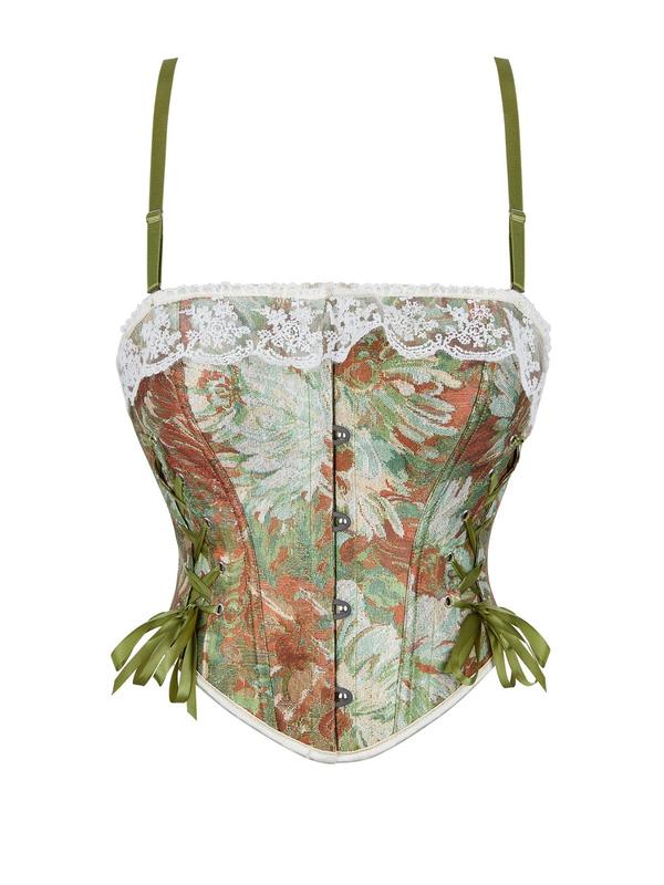 Women's Floral Print Hook & Eye Lace Up Shapwear Top, Romantic Contrast Lace Tie Back Shaper, Fashionable Shapewear Top for All Seasons