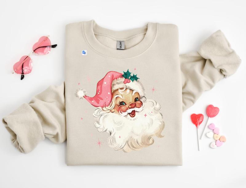 Pink Santa Retro Christmas T-Shirts Sweatshirts for Women Pink Christmas Matching Family Sweaters Pink Vintage Holiday Crewneck