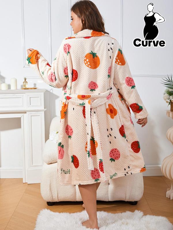 One Piece Thermal Lined Fruit Print Belted Pocket Wrap Fannel Pj Loungewear Homewear Robe, 2000s Robe, Casual Women's Comfort Long Sleeve Shawl Collar Textured Robe for Fall & Winter, Womens Clothes, Womenswear Gowns